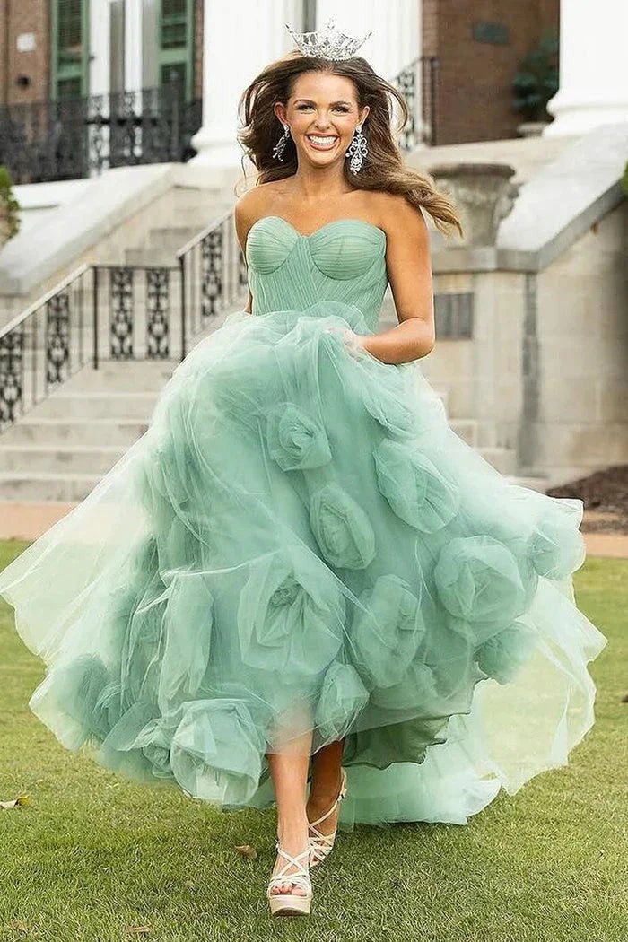Green Strapless A-Line Tulle Long Prom Dresses by Kissprom