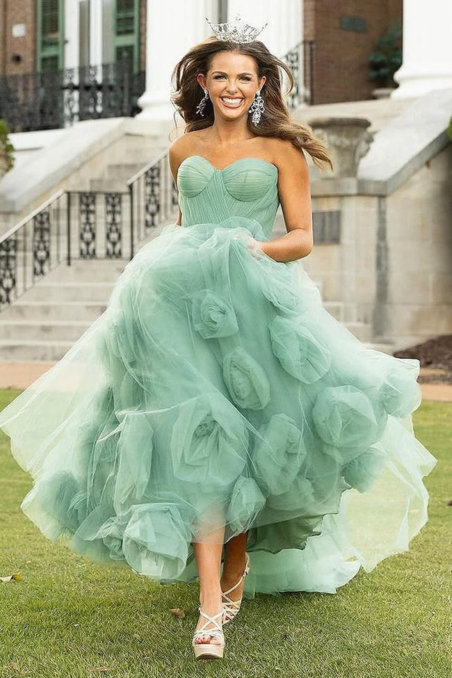 Green Strapless A-Line Tulle Long Prom Dresses Hover Image