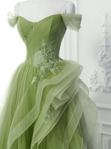 Saflor | Grünes A-Linien-Ballkleid mit schulterfreiem, langem Spitzen-Abendkleid