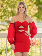 Black Off-the-Shoulder Keyhole Short Homecoming Dress with Balloon Sleeves by KissProm