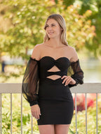 Black Off-the-Shoulder Keyhole Short Homecoming Dress with Balloon Sleeves by KissProm