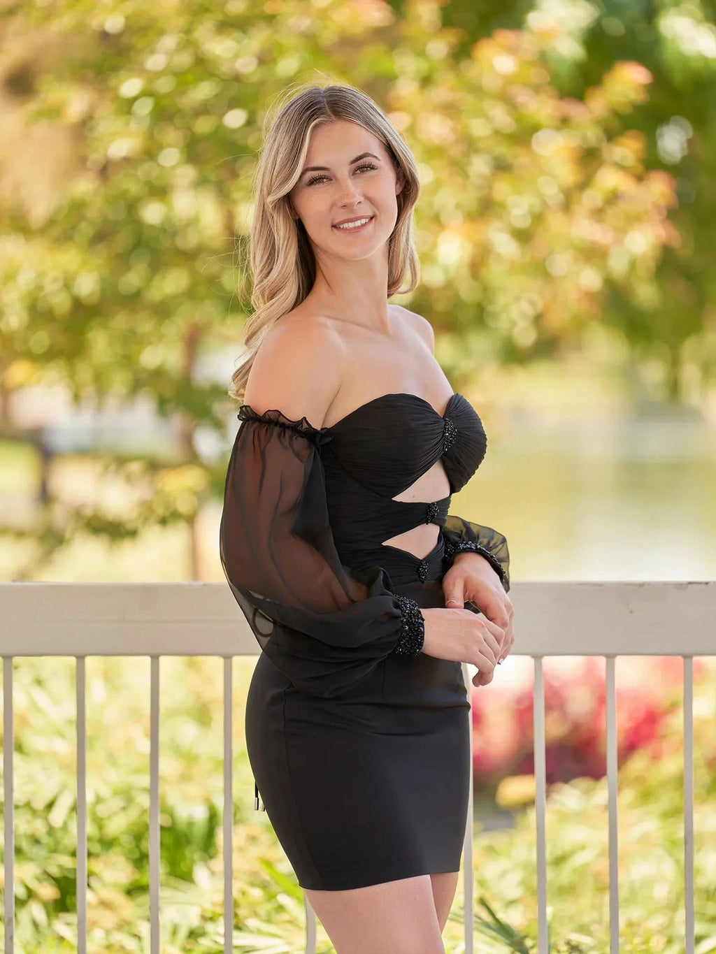 Black Off-the-Shoulder Keyhole Short Homecoming Dress with Balloon Sleeves by KissProm