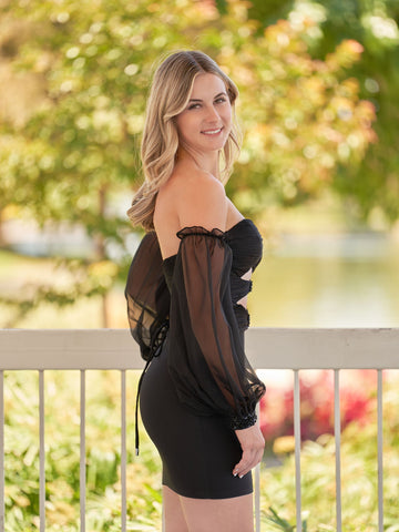 Black Off-the-Shoulder Keyhole Short Homecoming Dress with Balloon Sleeves