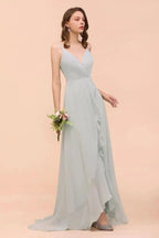 Grey Bridesmaid Dress Spaghetti V-Neck Ruffle Beach Wedding Party Dress by misshow.com