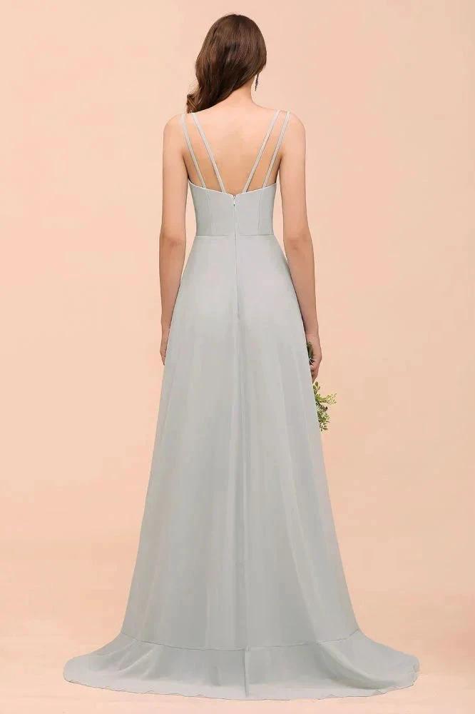 Grey Bridesmaid Dress Spaghetti V-Neck Ruffle Beach Wedding Party Dress by misshow.com