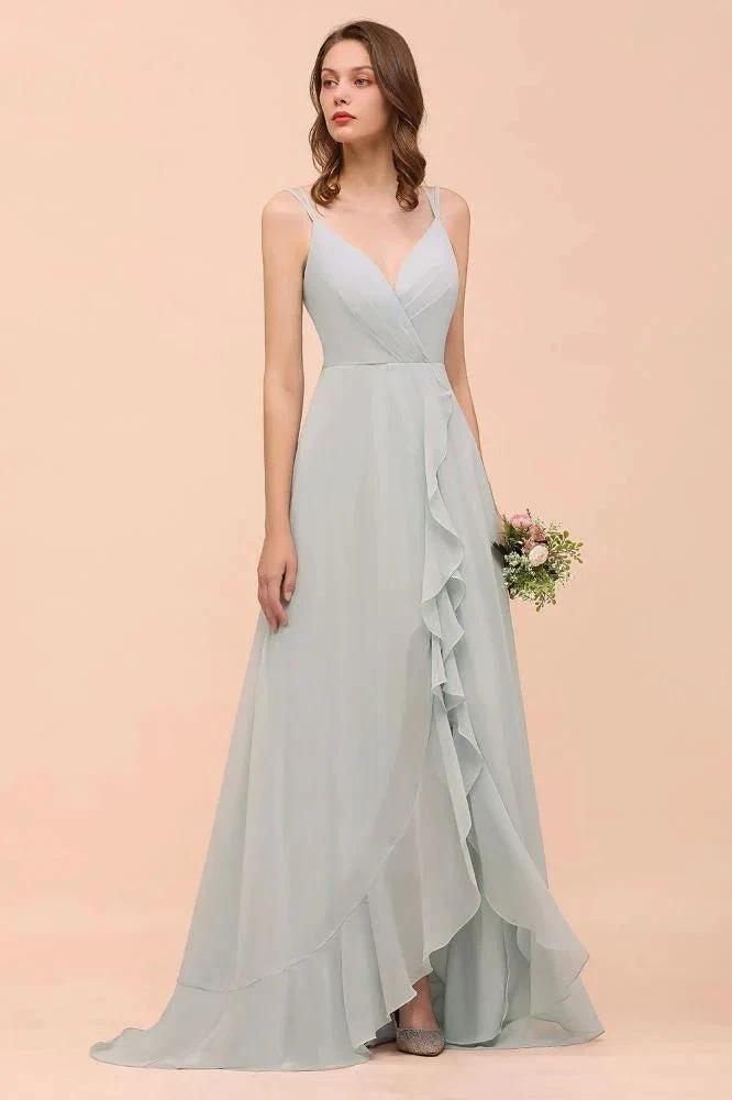 Grey Bridesmaid Dress Spaghetti V-Neck Ruffle Beach Wedding Party Dress by misshow.com