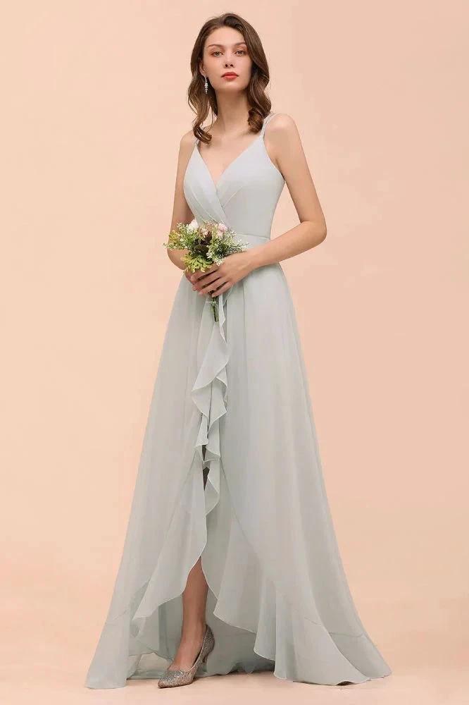 Grey Bridesmaid Dress Spaghetti V-Neck Ruffle Beach Wedding Party Dress by misshow.com