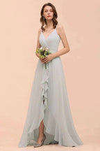 Grey Bridesmaid Dress Spaghetti V-Neck Ruffle Beach Wedding Party Dress by misshow.com