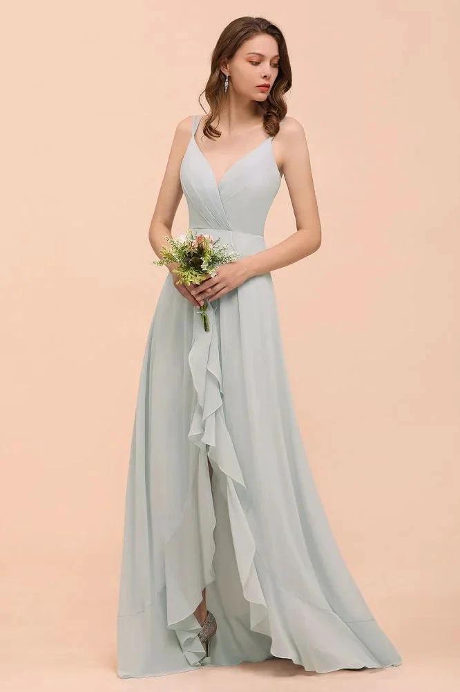 Grey Bridesmaid Dress Spaghetti V-Neck Ruffle Beach Wedding Party Dress by misshow.com