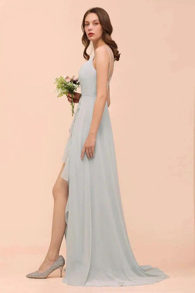 Grey Bridesmaid Dress Spaghetti V-Neck Ruffle Beach Wedding Party Dress by misshow.com