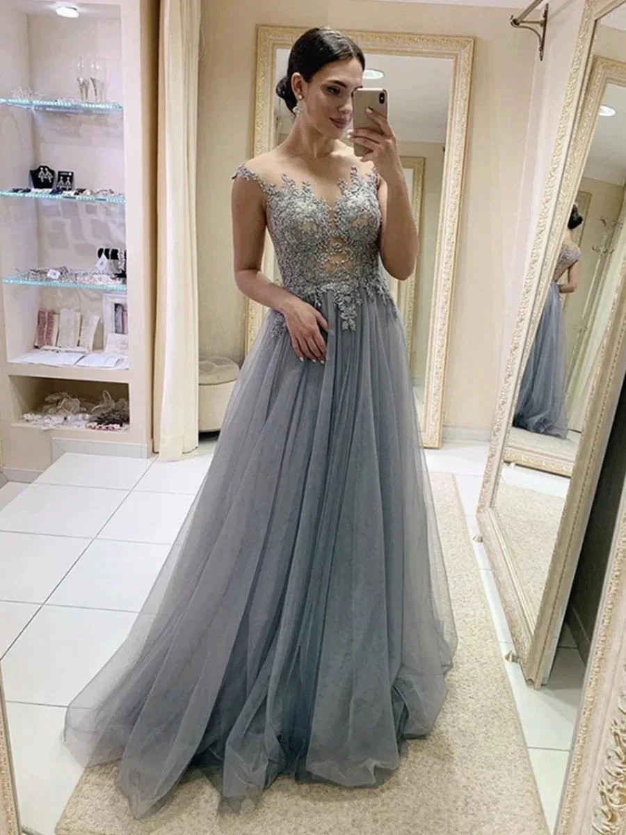 Grey Long A-line Round Neck Tulle Lace Formal Prom Dresses by BIZTUNNEL