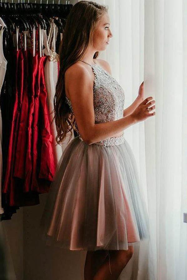 Grey Short Two Piece Halter Homecoming Party Dress with Lace PD295 Main Image