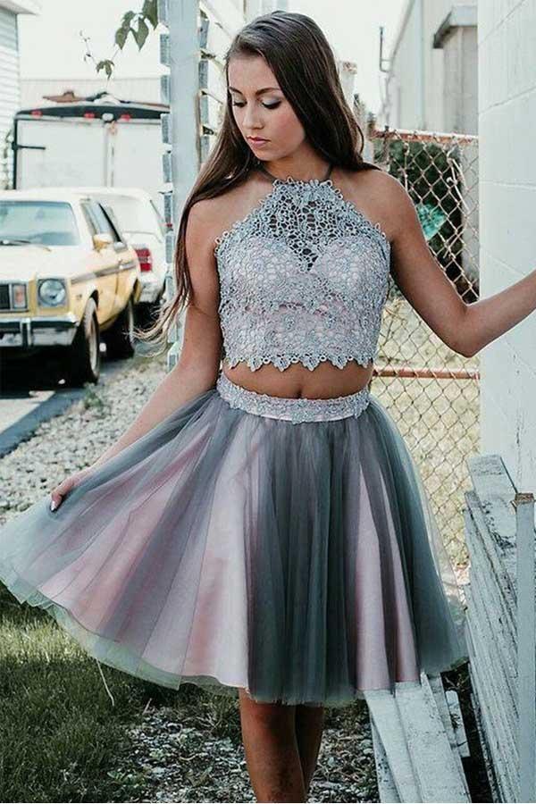 Grey Short Two Piece Halter Homecoming Party Dress with Lace PD295 Hover Image