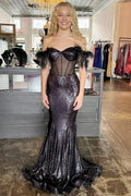 Gwenda | Black Sequin Feather Sheer Bodice Trumpet Long Gown by KissProm