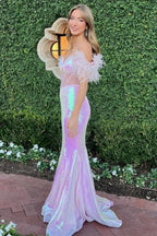 Gwenda | Black Sequin Feather Sheer Bodice Trumpet Long Gown by KissProm
