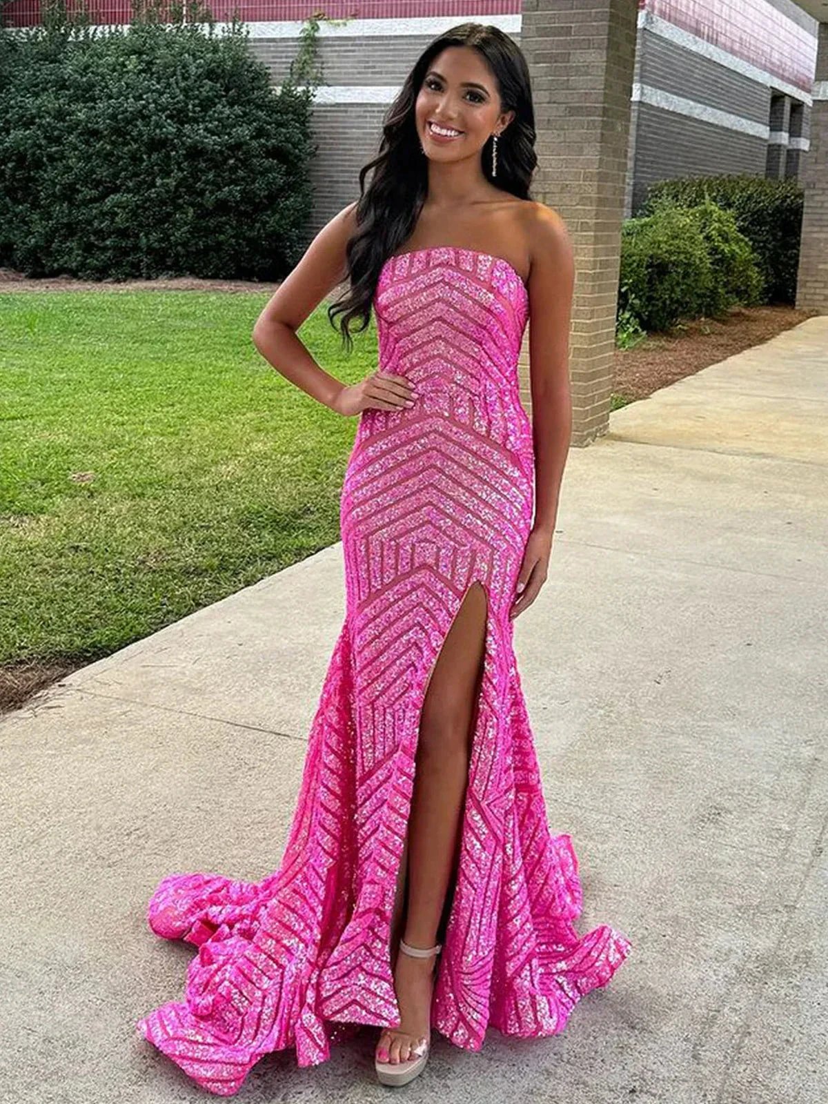 Halcyon | Mermaid Hot Pink Sequins Strapless Prom Dresses with Slit by KissProm