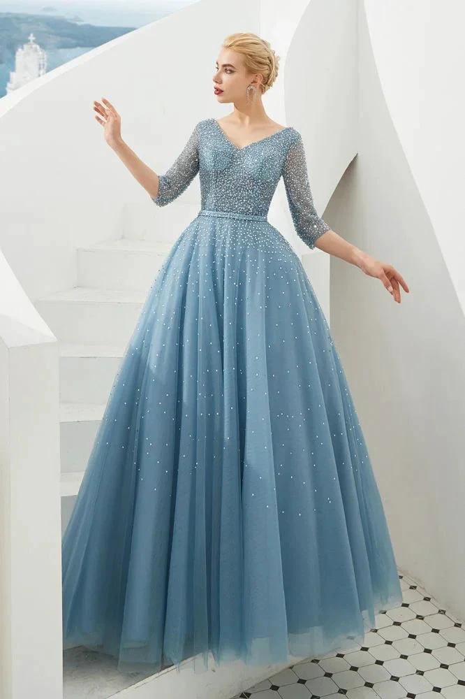 Half Sleeve Aline Tulle Evening Maxi Gown Beads V-Neck Prom Dress by misshow.com