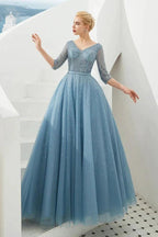 Half Sleeve Aline Tulle Evening Maxi Gown Beads V-Neck Prom Dress by misshow.com