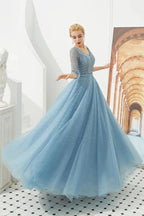 Half Sleeve Aline Tulle Evening Maxi Gown Beads V-Neck Prom Dress by misshow.com