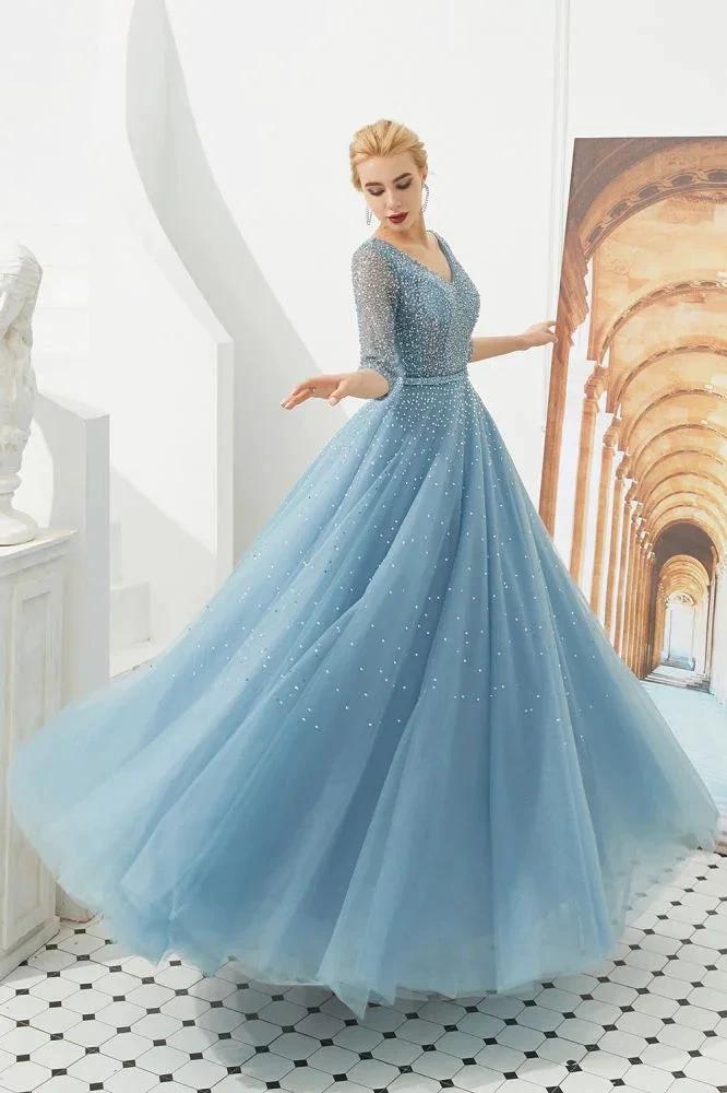 Half Sleeve Aline Tulle Evening Maxi Gown Beads V-Neck Prom Dress by misshow.com