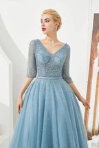 Half Sleeve Aline Tulle Evening Maxi Gown Beads V-Neck Prom Dress by misshow.com
