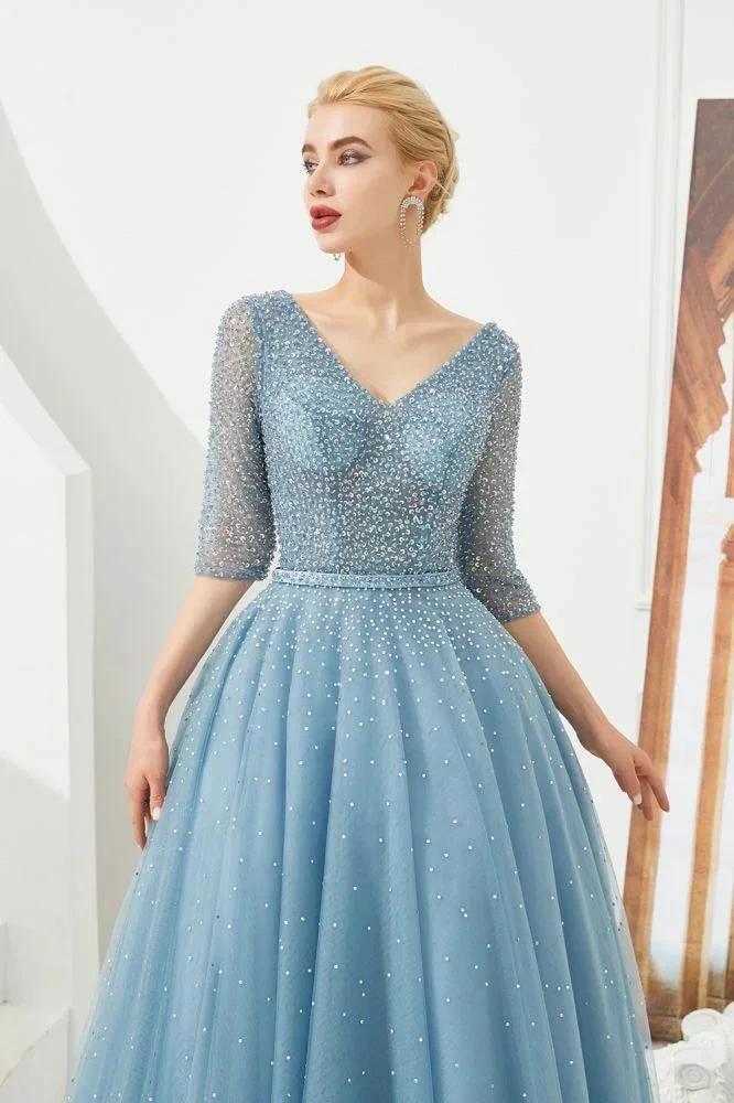 Half Sleeve Aline Tulle Evening Maxi Gown Beads V-Neck Prom Dress by misshow.com