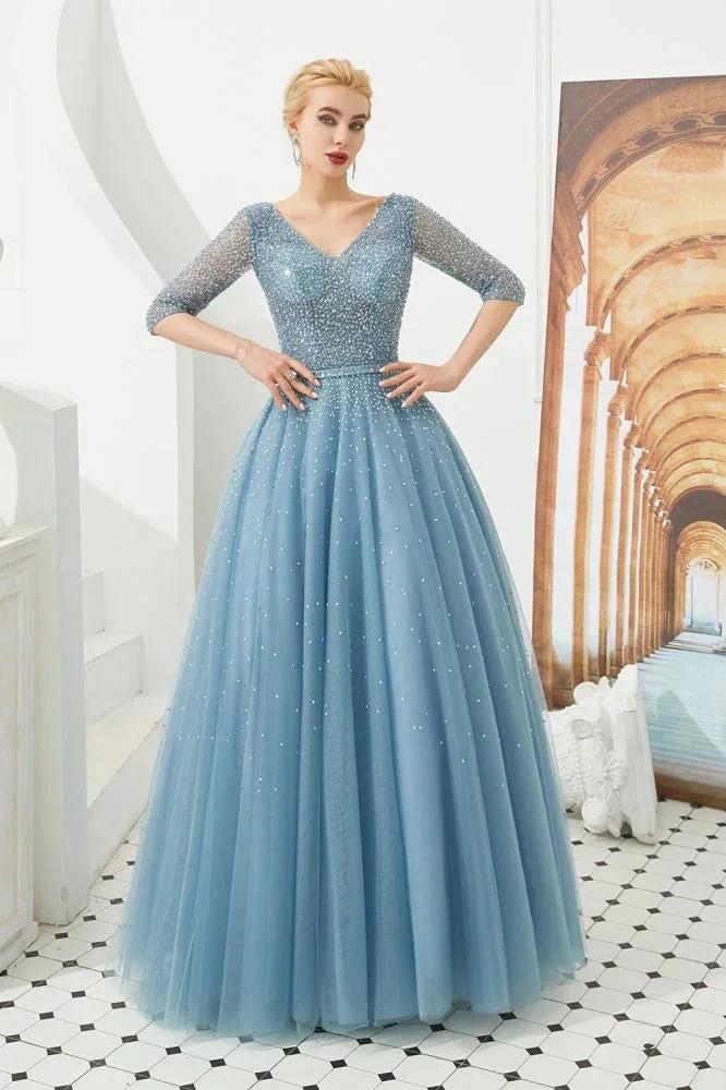 Half Sleeve Aline Tulle Evening Maxi Gown Beads V-Neck Prom Dress by misshow.com