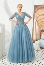 Half Sleeve Aline Tulle Evening Maxi Gown Beads V-Neck Prom Dress by misshow.com