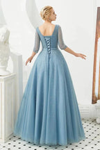 Half Sleeve Aline Tulle Evening Maxi Gown Beads V-Neck Prom Dress by misshow.com