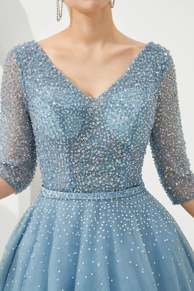Half Sleeve Aline Tulle Evening Maxi Gown Beads V-Neck Prom Dress by misshow.com