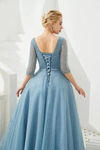 Half Sleeve Aline Tulle Evening Maxi Gown Beads V-Neck Prom Dress by misshow.com