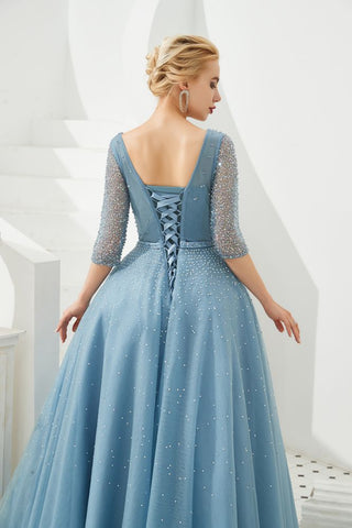 Half Sleeve Aline Tulle Evening Maxi Gown Beads V-Neck Prom Dress