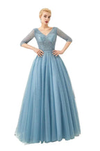 Half Sleeve Aline Tulle Evening Maxi Gown Beads V-Neck Prom Dress by misshow.com