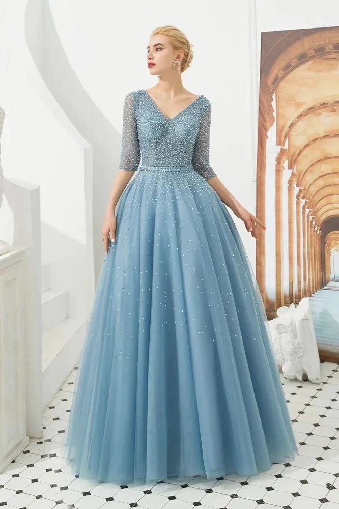 Half Sleeve Aline Tulle Evening Maxi Gown Beads V-Neck Prom Dress by misshow.com