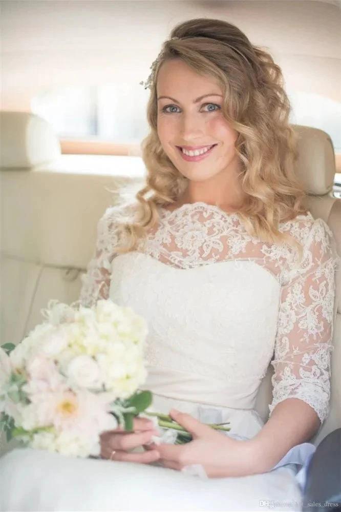Half Sleeve Lace Wedding Dress Off-the-ShoulderV Back Bohemian Bridal Gown by misshow.com