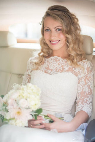 Half Sleeve Lace Wedding Dress Off-the-ShoulderV Back Bohemian Bridal Gown