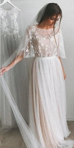 Half Sleeve Wedding Dresses A-line Elegant Simple Romantic Lace Bridal Gown WD424 by pgmdress