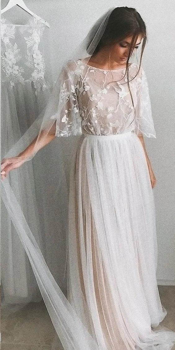 Half Sleeve Wedding Dresses A-line Elegant Simple Romantic Lace Bridal Gown WD424 by pgmdress