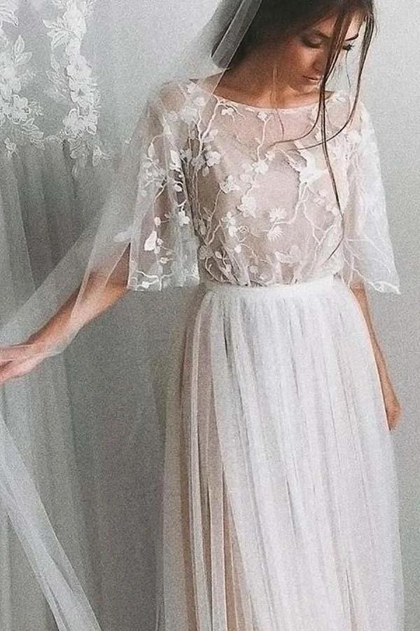 Half Sleeve Wedding Dresses A-line Elegant Simple Romantic Lace Bridal Gown WD424 by pgmdress