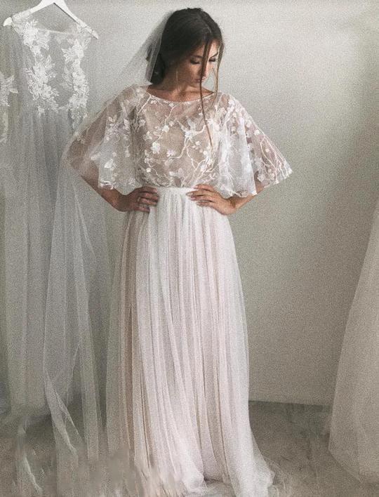 Half Sleeve Wedding Dresses A-line Elegant Simple Romantic Lace Bridal Gown WD424 by pgmdress