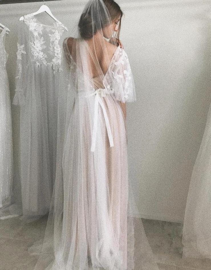 Half Sleeve Wedding Dresses A-line Elegant Simple Romantic Lace Bridal Gown WD424 by pgmdress