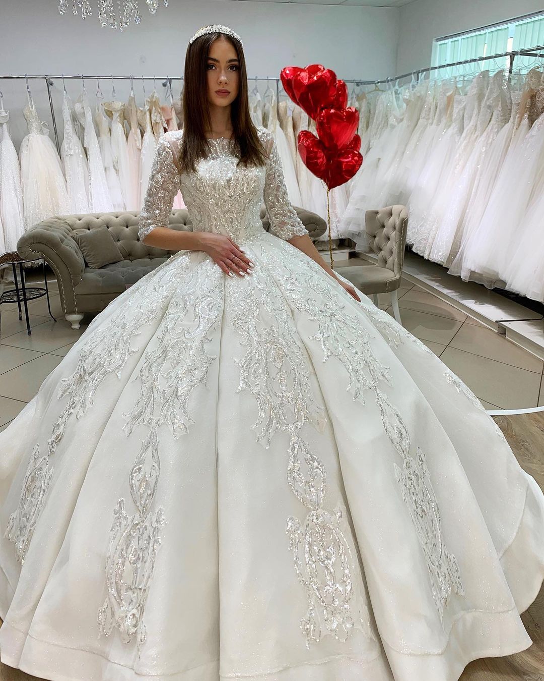 Half Sleeves Applqiues Ball Gown Wedding Dress