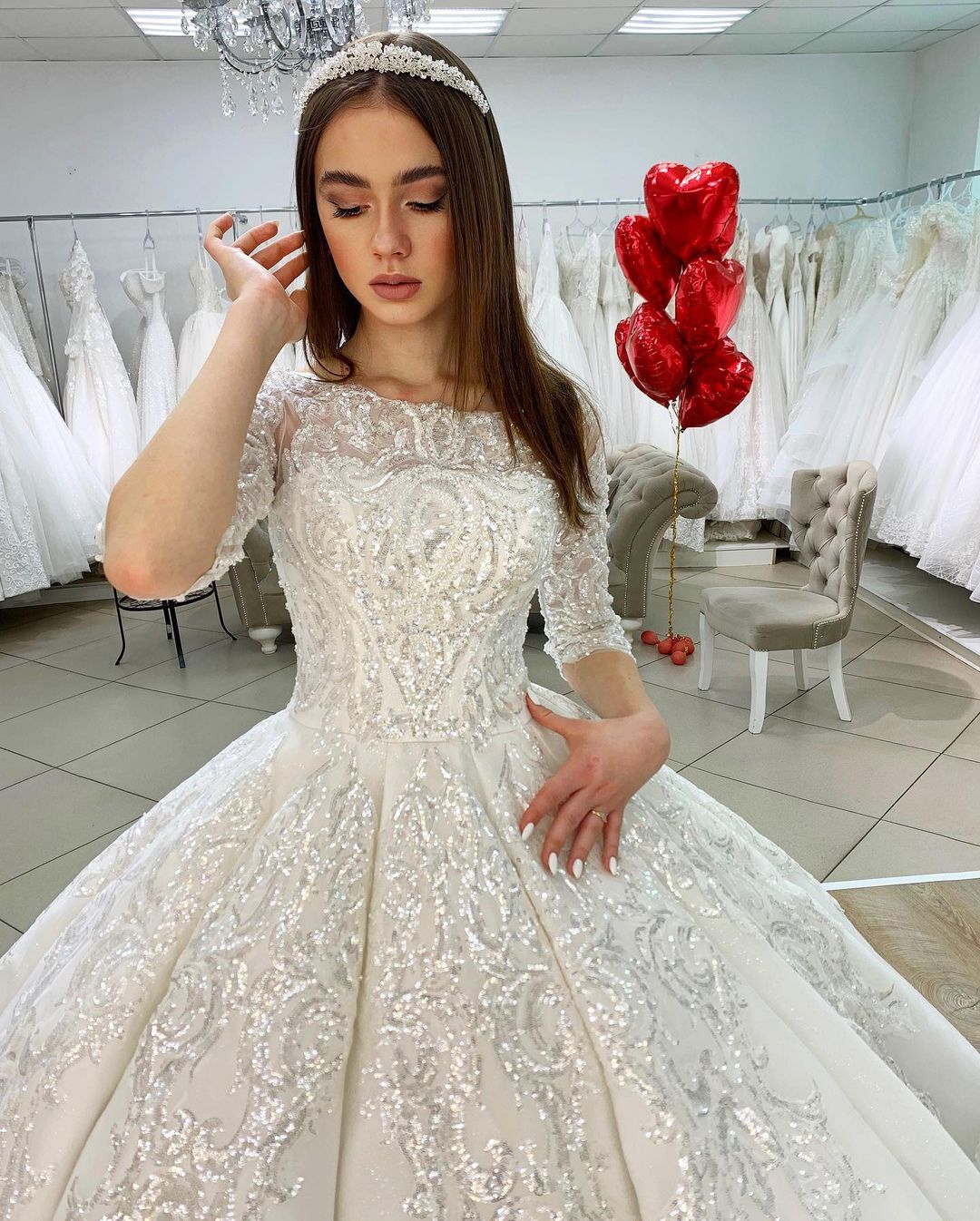 Half Sleeves Applqiues Ball Gown Wedding Dress
