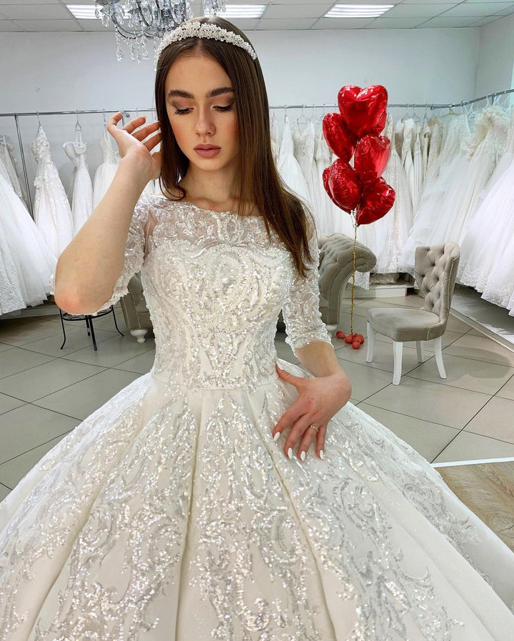 Half Sleeves Applqiues Ball Gown Wedding Dress