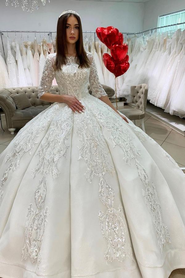 Half Sleeves Applqiues Ball Gown Wedding Dress