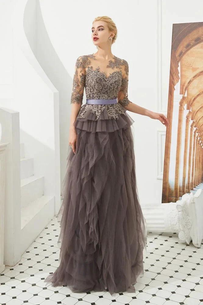 Half Sleeves Floral lace Prom Dress Fur Floor Length Evening Party Dress by misshow.com