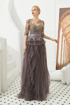Half Sleeves Floral lace Prom Dress Fur Floor Length Evening Party Dress by misshow.com