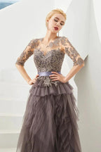 Half Sleeves Floral lace Prom Dress Fur Floor Length Evening Party Dress by misshow.com