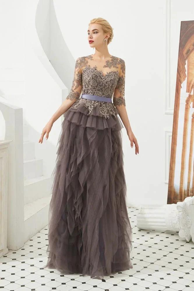 Half Sleeves Floral lace Prom Dress Fur Floor Length Evening Party Dress by misshow.com