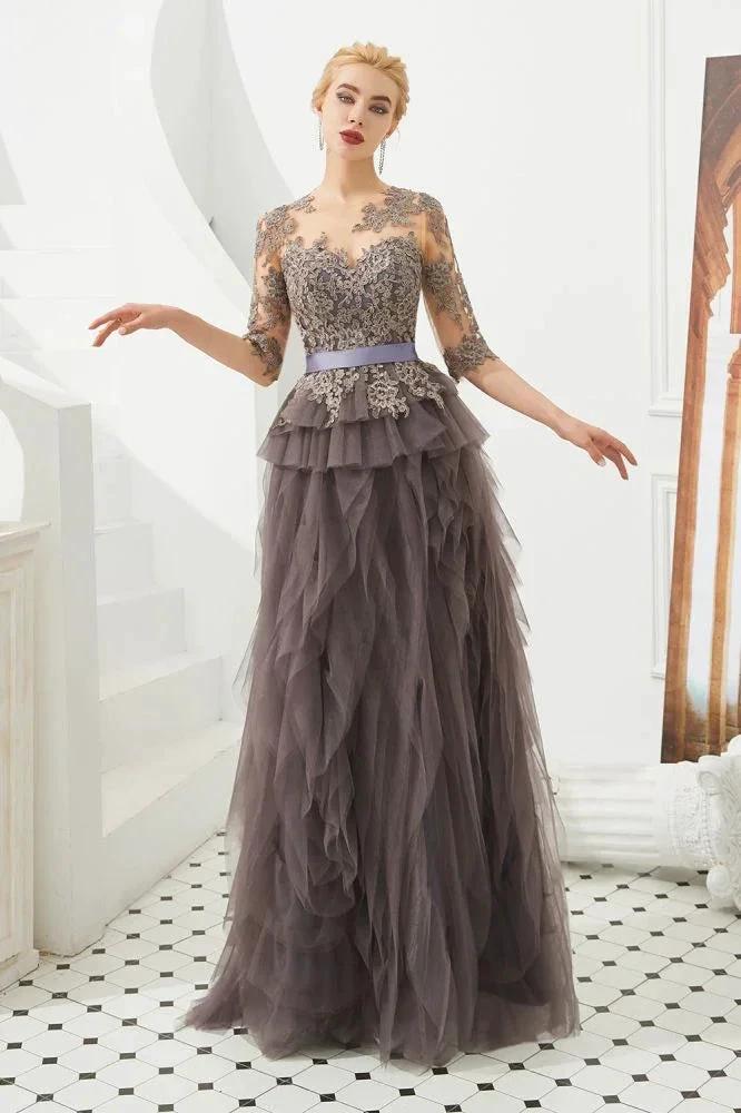 Half Sleeves Floral lace Prom Dress Fur Floor Length Evening Party Dress by misshow.com